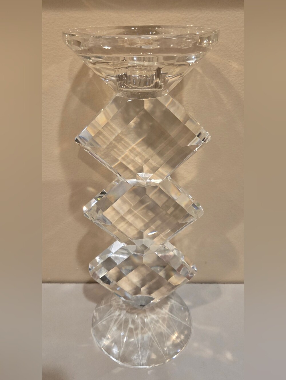 Art Deco Shannon Crystal Faceted Column Candle Holder - Clear